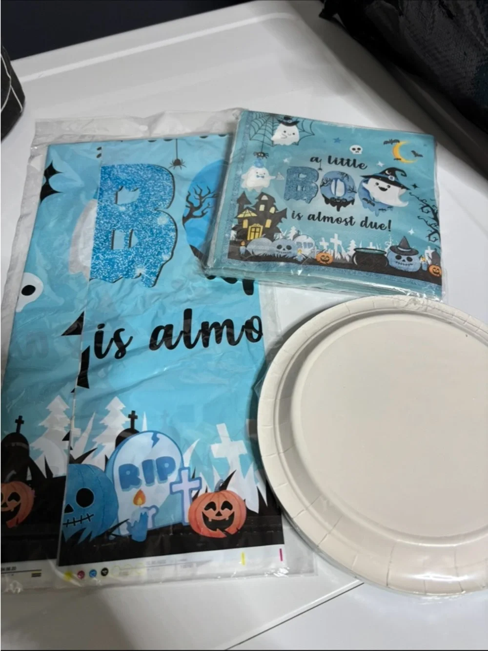 Blue 'A Little Boo Is Almost Due' Halloween Baby Shower Party Set